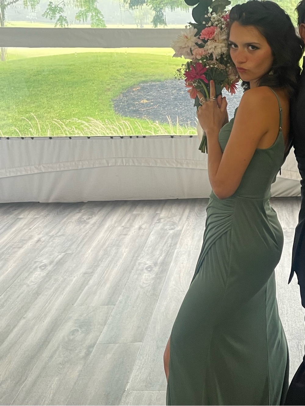 Azazie Olive Green Satin Maxi Dress